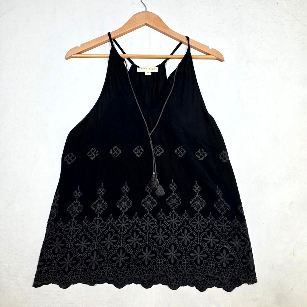 Lovestitch Tank Top Womens Medium Black Embroidered Tassel Boho V-Neck 11083NWT